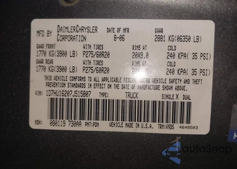 2007 Dodge Ram 1500 Slt/Trx4 Off Road/Sport from USA, damaged, VIN 1D7HU16207J515807